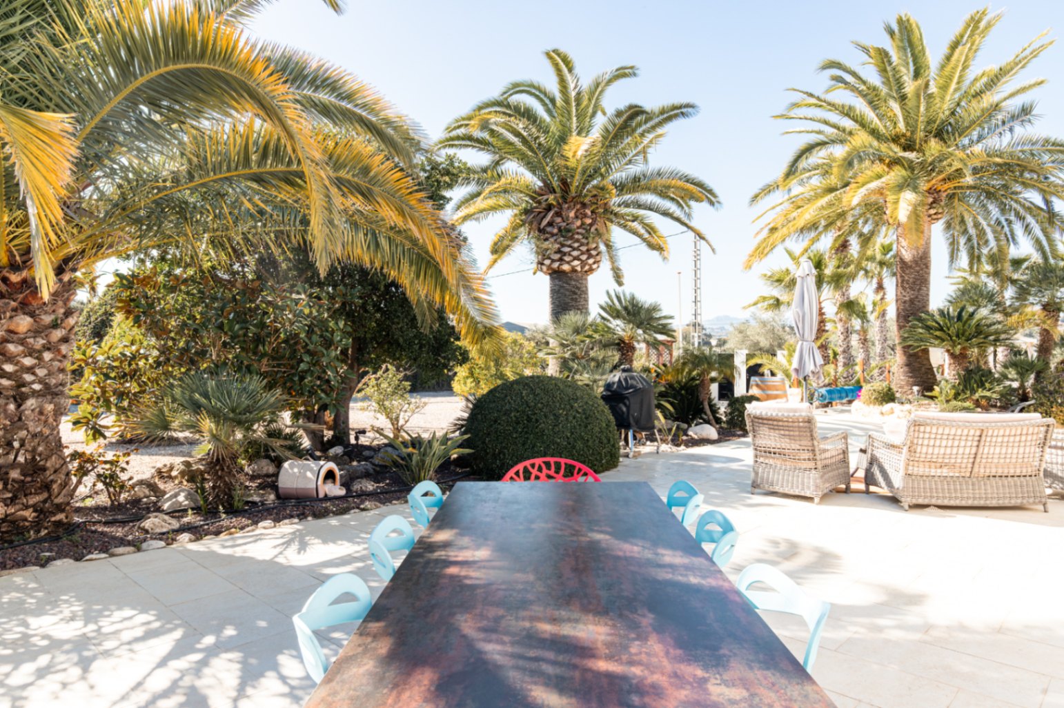 Terrasse extérieure avec une grande table à manger et chaises modernes, entourée de palmiers matures et d'un coin salon avec canapés en rotin dans un jardin méditerranéen.