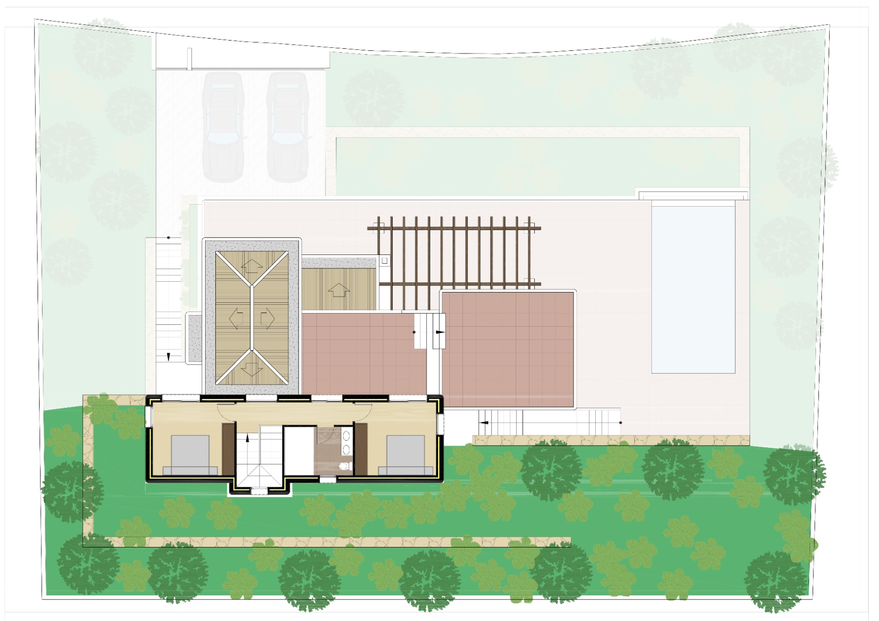Plan architectural détaillé illustrant la disposition de l'étage, la zone de la piscine, la pergola de la terrasse et le parking privé.