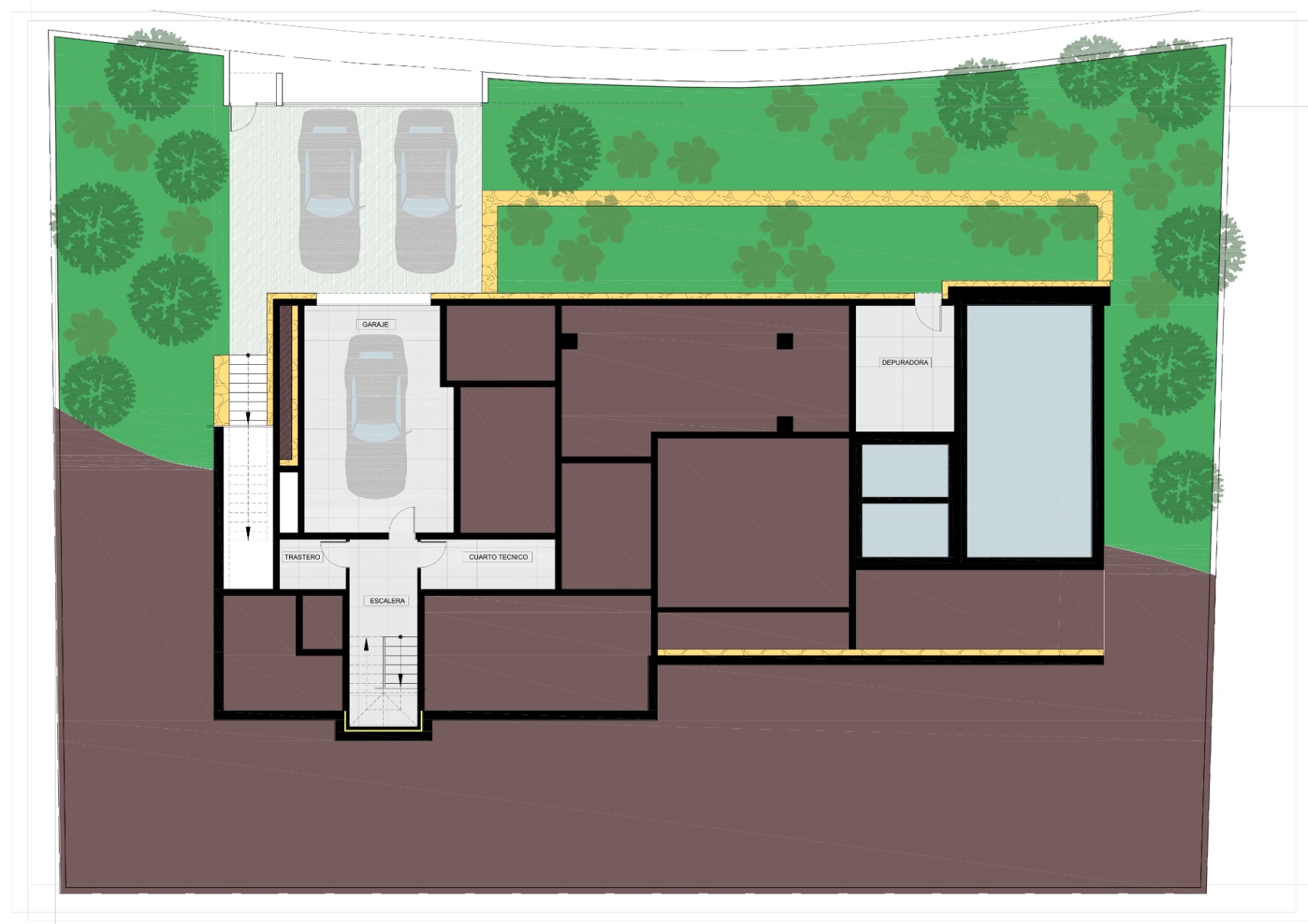 Plan technique du sous-sol illustrant le garage privé, le débarras, le local technique et la zone de filtration, entourés d'espaces verts paysagers.