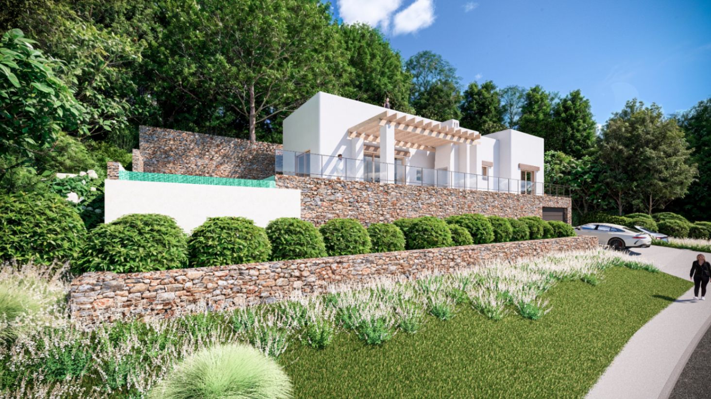 Vue extérieure avec murs en pierre naturelle, terrasse supérieure dotée d'une pergola en bois et piscine intégrée entourée d'une végétation dense.