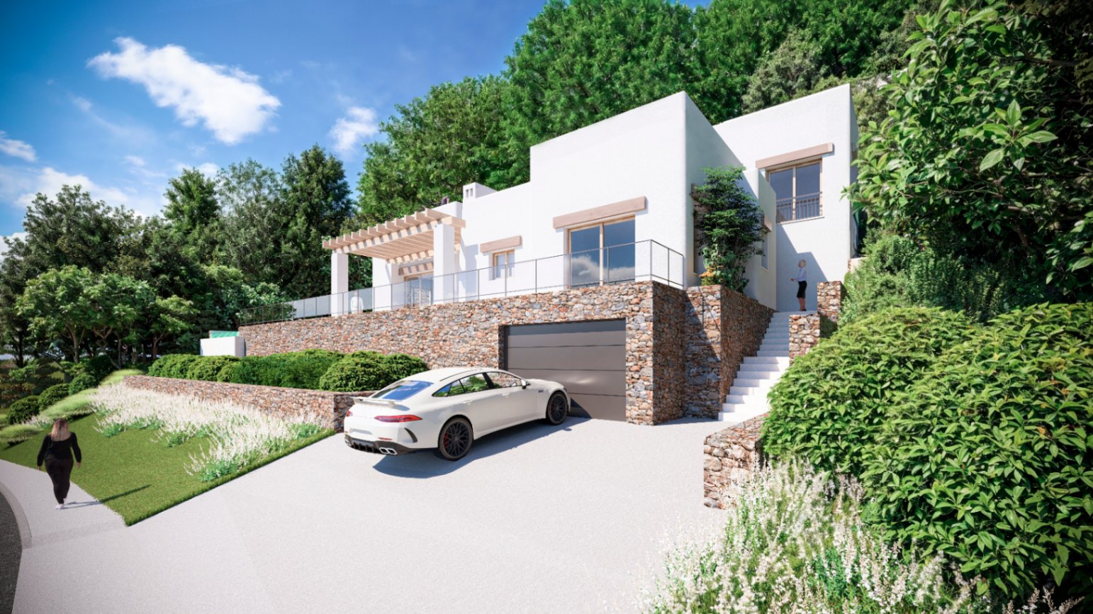Vue extérieure de la villa avec façade blanche, murs en pierre naturelle, garage intégré et terrasse avec pergola en bois entourée de verdure.