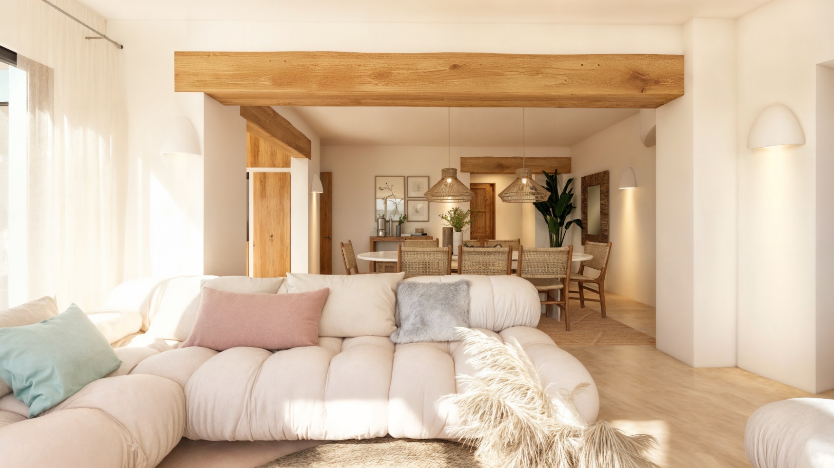 Espace de vie ouvert avec poutres en bois naturel, mobilier de style méditerranéen et éclairage intégré chaleureux sur des murs blancs de style ibizien.