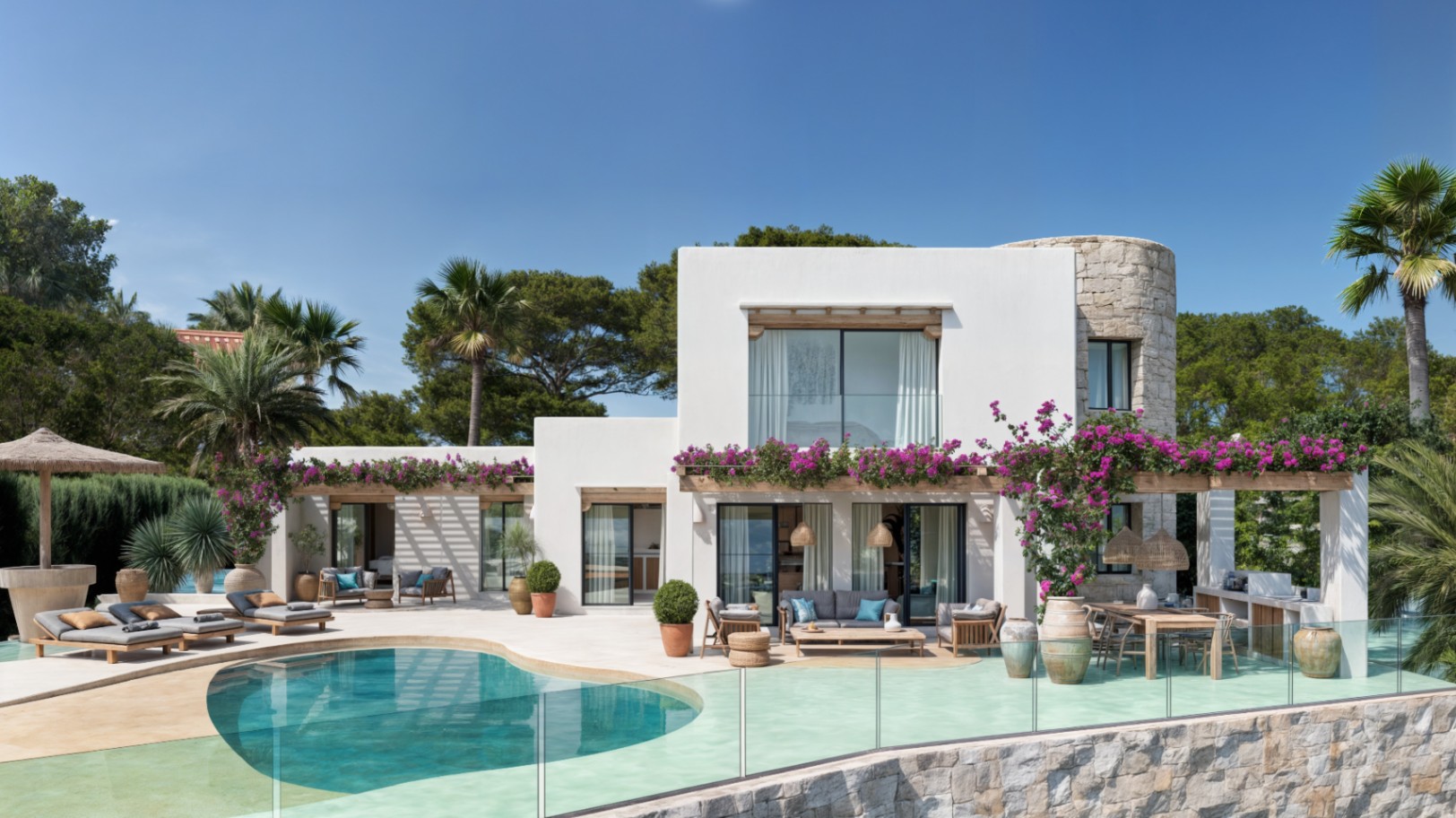 Extérieur de villa ibizienne avec piscine courbe, tour en pierre et pergolas en bois avec bougainvilliers, incluant un coin repas extérieur et une cuisine d'été.