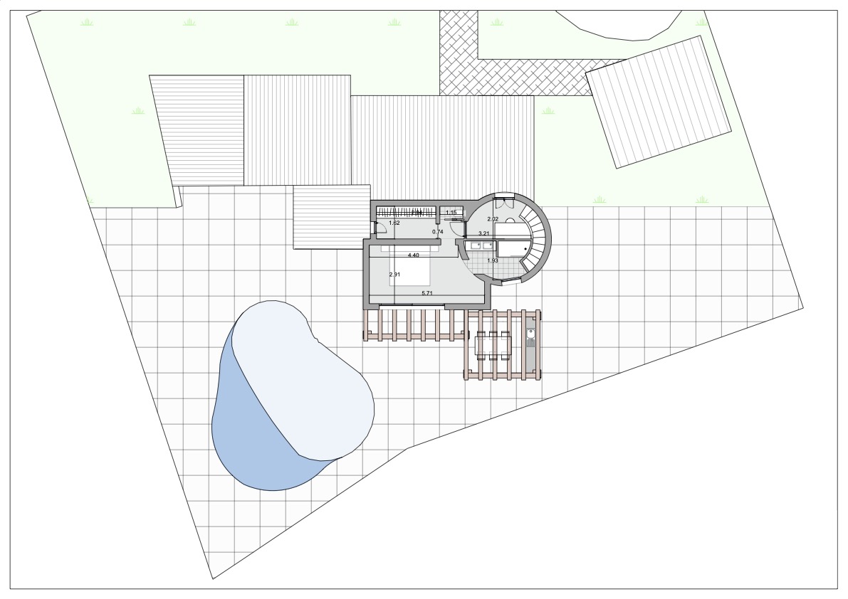Plan d'architecte détaillant l'agencement, comprenant une chambre avec salle de bain, un escalier en colimaçon, la piscine et une terrasse avec pergola.