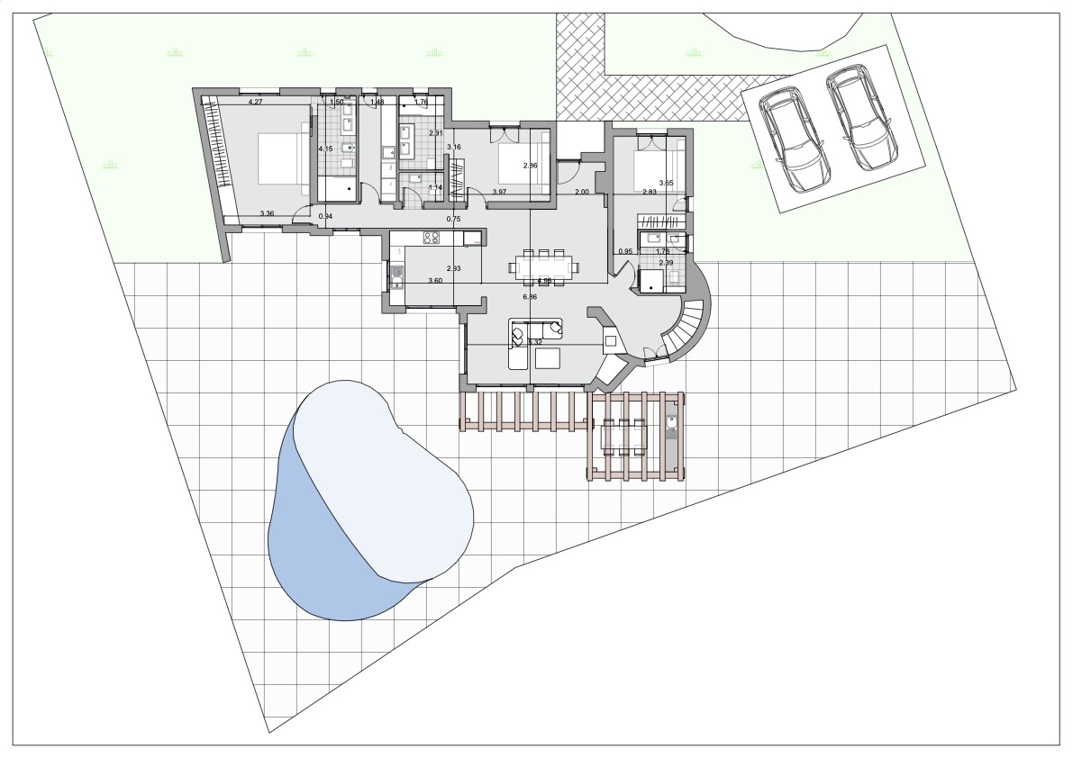 Plan d'architecte détaillé présentant la distribution des quatre chambres en suite, l'espace de vie ouvert et la terrasse avec piscine et cuisine d'été.