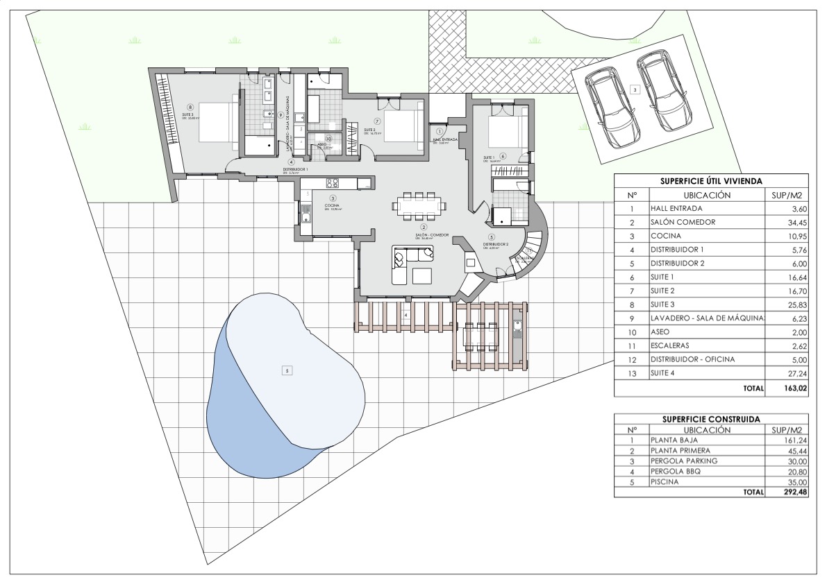 Plan détaillé du rez-de-chaussée illustrant la distribution de trois suites, un salon-salle à manger ouvert et l'espace extérieur avec piscine et pergola.