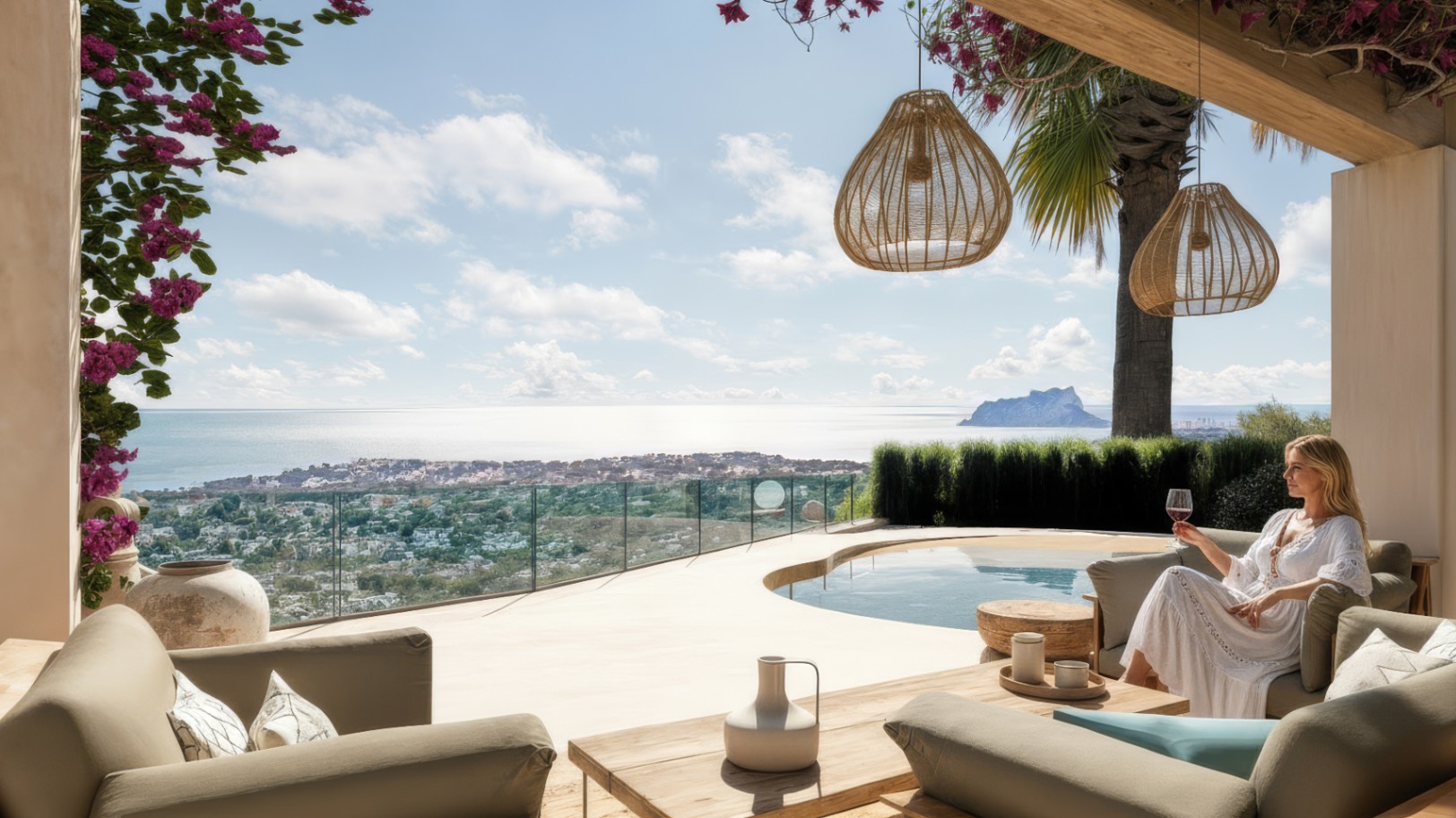 Terrasse couverte avec poutres en bois, mobilier lounge et vue panoramique sur la mer et le Peñón de Ifach à côté de la piscine à débordement.