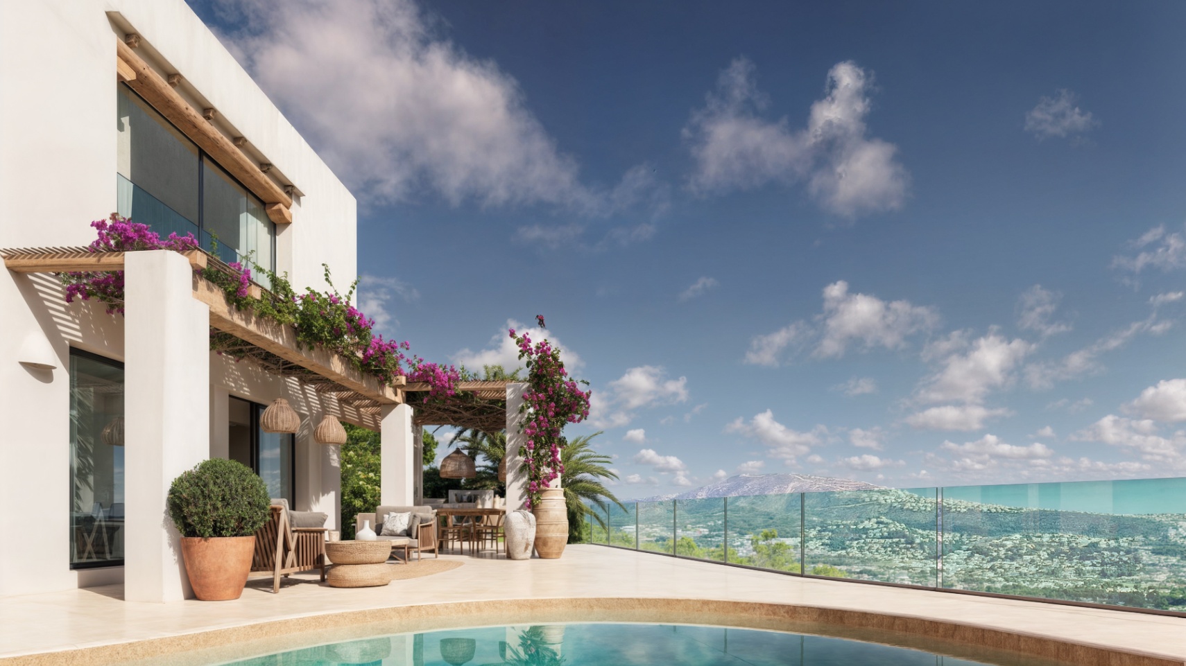 Terrasse principale avec piscine à débordement, pergolas en bois ornées de bougainvilliers et vue panoramique sur la vallée à travers un garde-corps en verre.