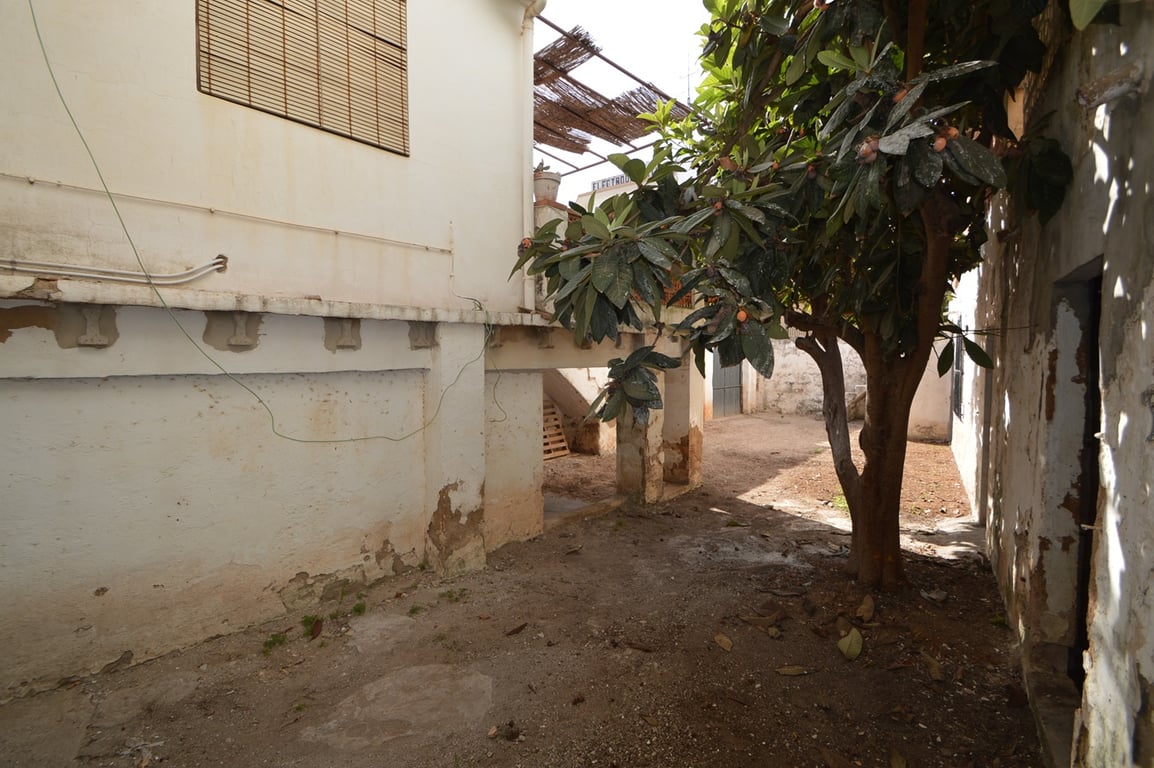 Cour intérieure privée avec un néflier, des murs blanchis à la chaux et un espace couvert sous la terrasse, offrant un grand potentiel de rénovation.