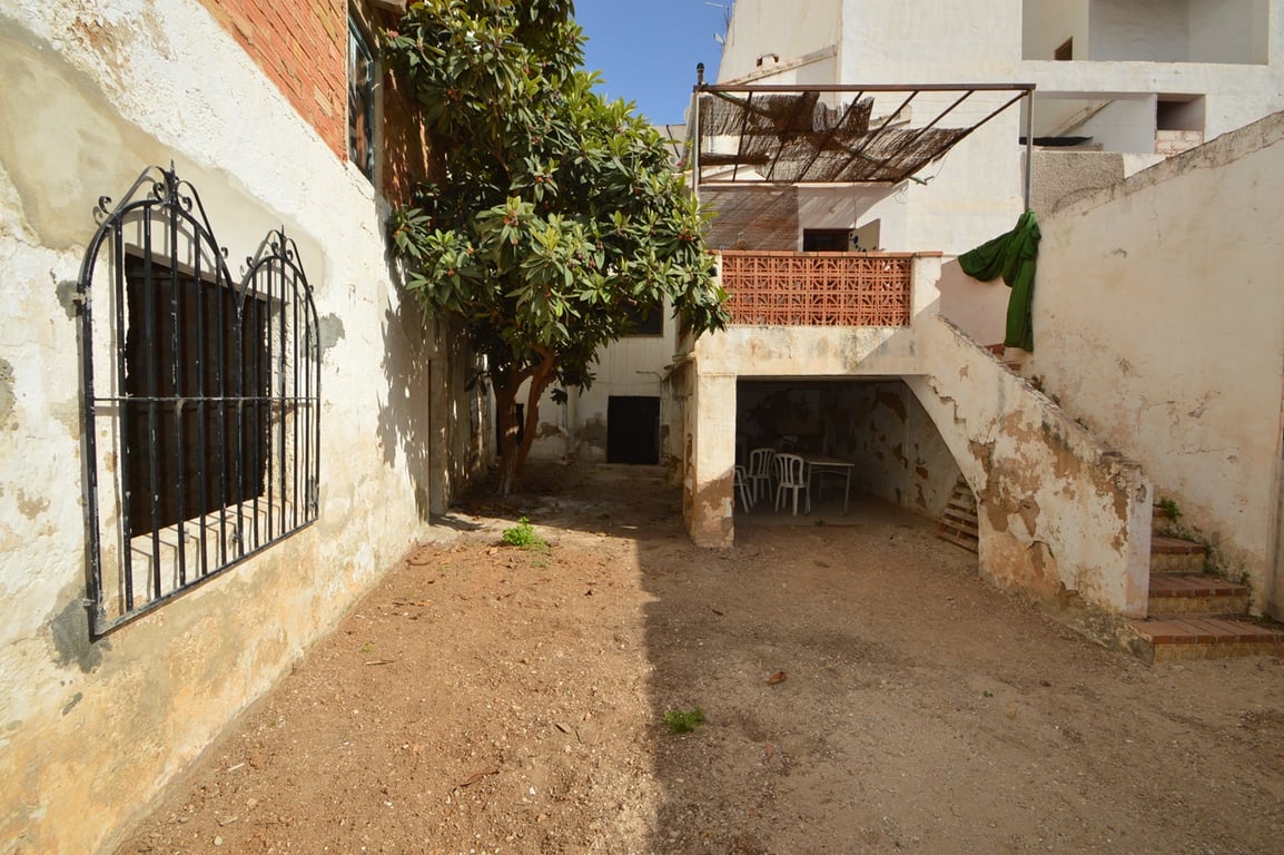 Patio privé en terre battue avec un arbre mature, fenêtres à grilles en fer forgé et escalier extérieur menant à une terrasse surélevée.