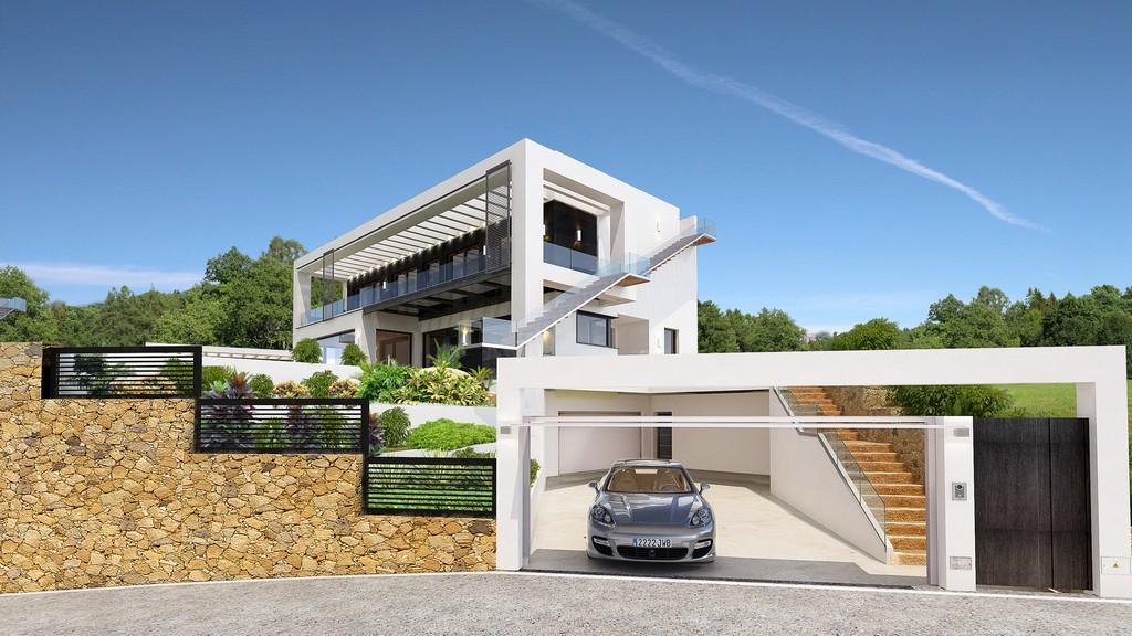 Façade de villa contemporaine avec murs en pierre sèche, garage intégré et escaliers extérieurs design menant à des terrasses avec pergolas sombres.