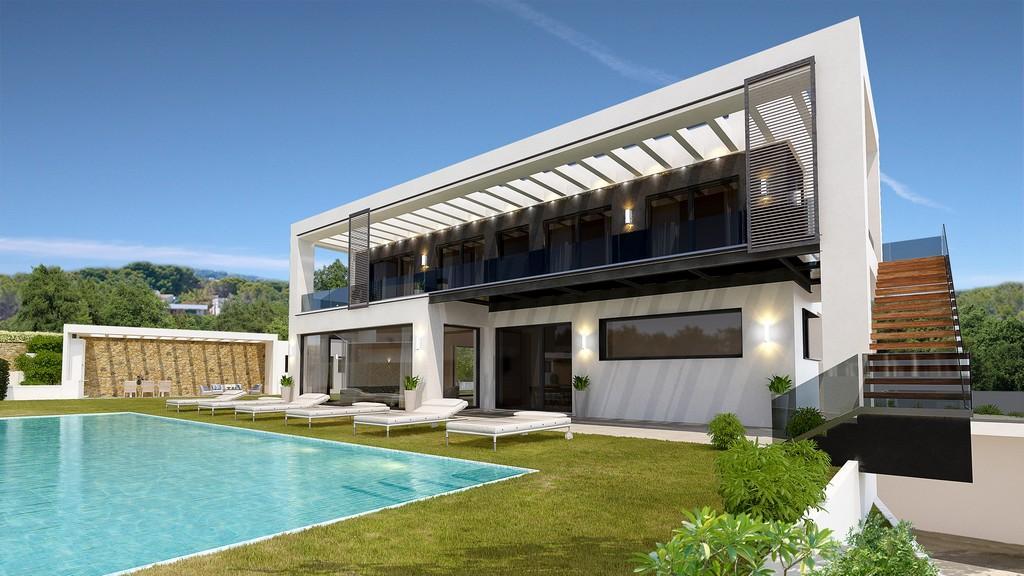 Rendu extérieur d'une villa moderne avec piscine rectangulaire, façade blanche et grandes baies vitrées. Terrasse supérieure avec garde-corps en verre et éclairage intégré.