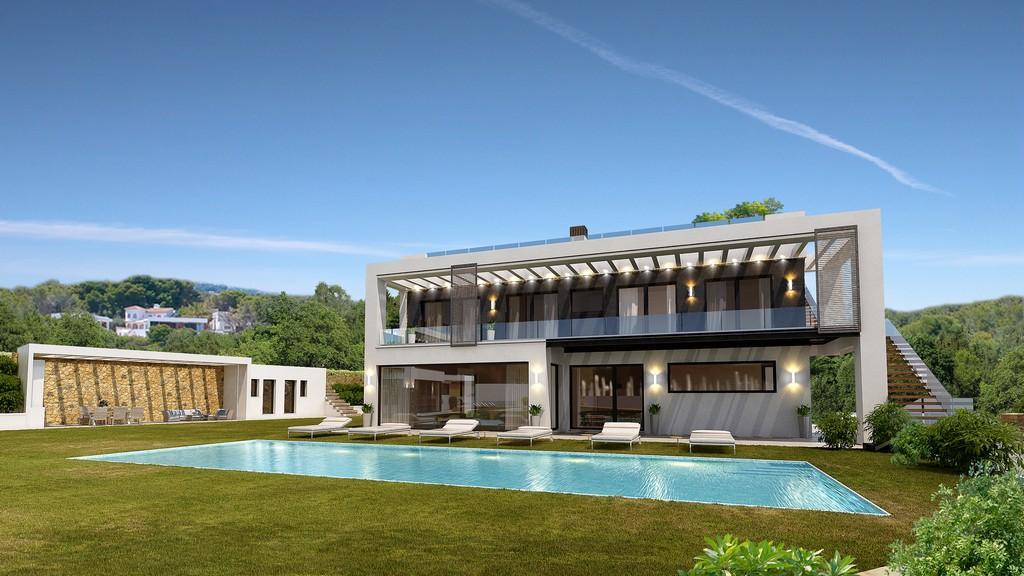 Rendu extérieur d'une villa moderne avec piscine rectangulaire, solarium sur pelouse et terrasse supérieure avec garde-corps en verre et pergola intégrée.