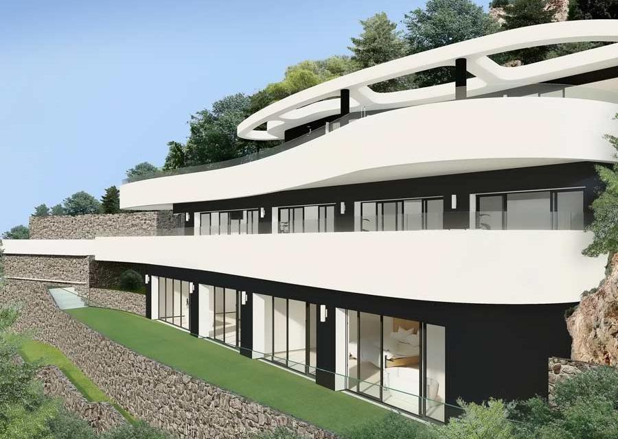 Façade extérieure minimaliste sur trois niveaux avec balcons blancs incurvés, larges baies vitrées et murs de soutènement en pierre naturelle.