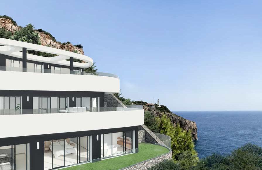 Façade extérieure sur trois niveaux aux lignes courbes, garde-corps en verre et larges baies vitrées offrant une vue panoramique sur la mer et le phare environnant.