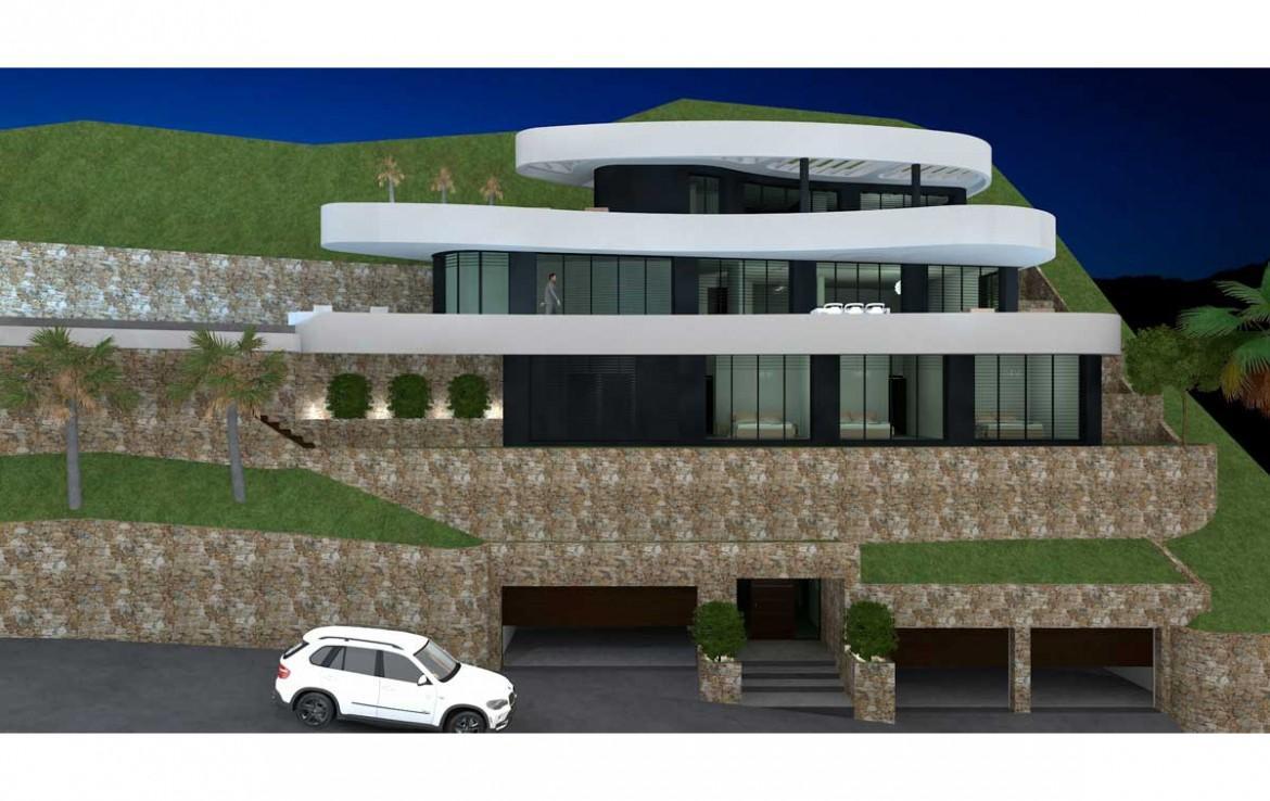 Façade extérieure sur trois niveaux avec terrasses blanches incurvées, grandes baies vitrées et murs en pierre naturelle. Le niveau inférieur comprend deux doubles garages.