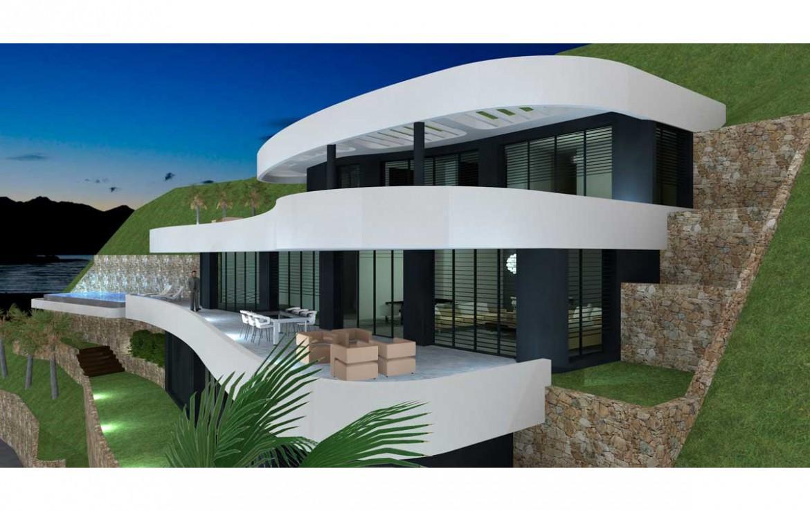 Vue extérieure de la villa aux lignes courbes, avec de larges terrasses blanches, des baies vitrées toute hauteur et des murs de soutènement en pierre naturelle.