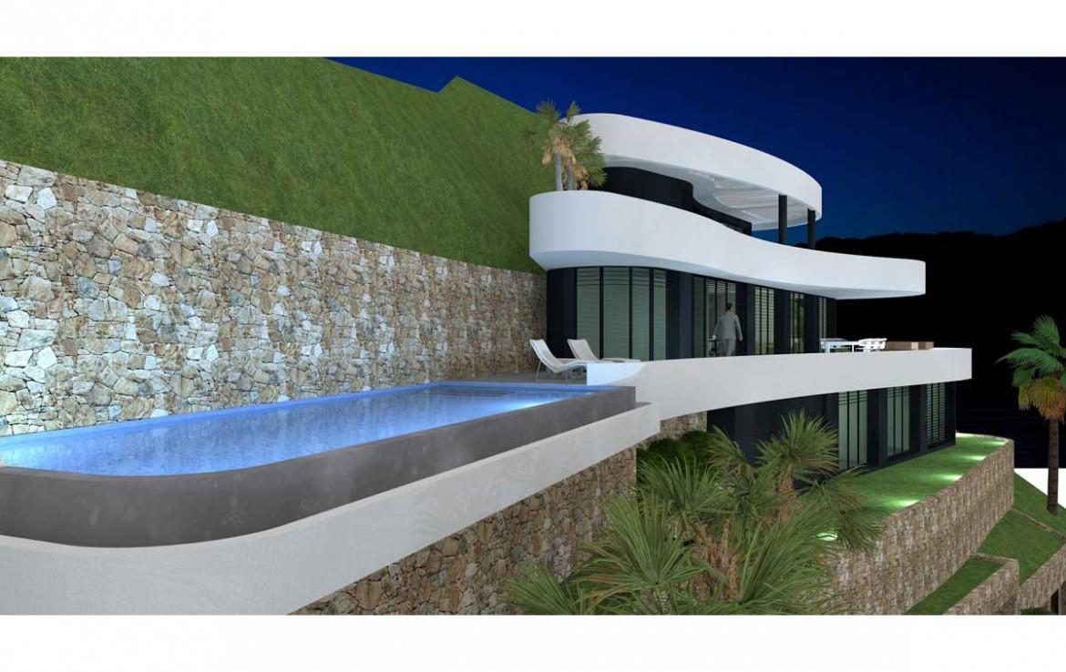 Vue nocturne avec piscine à débordement éclairée, terrasses incurvées au design minimaliste et murs de soutènement en pierre naturelle.