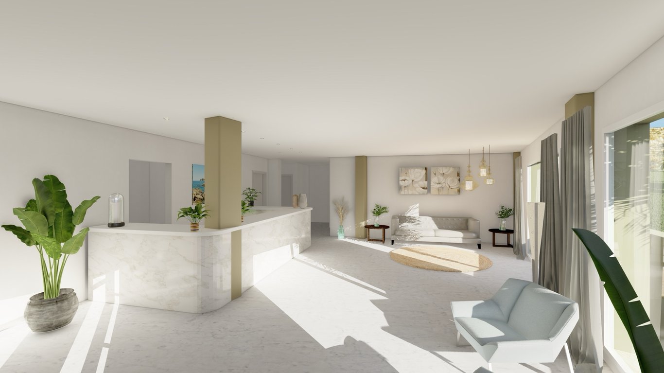 Espace de réception minimaliste avec comptoir en marbre blanc, piliers dorés et salon lumineux doté de sols en pierre et de grandes baies vitrées.