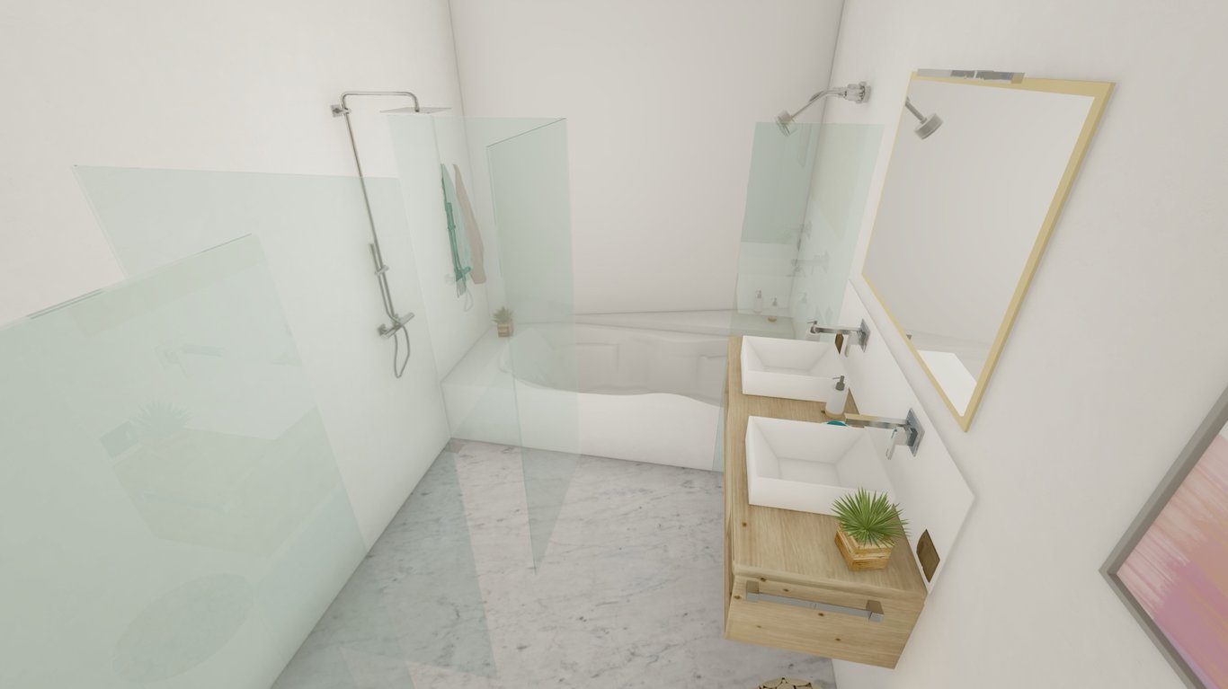 Salle de bain moderne avec double vasque sur meuble en bois suspendu, douche vitrée et baignoire intégrée. Finitions avec sol en marbre et robinetterie chromée épurée.
