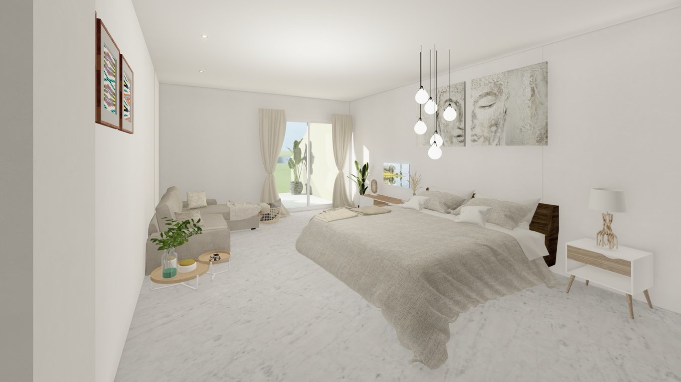 Suite avec sol en marbre, espace salon et accès direct à la terrasse. Décoration épurée avec luminaires design et teintes naturelles pour une ambiance sereine.