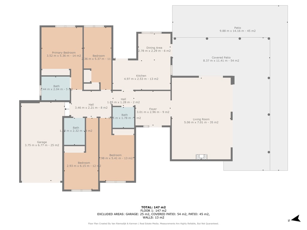 Plan d'architecte détaillé de la villa de 147 m² présentant la disposition des quatre chambres, trois salles de bains, le séjour et la grande terrasse couverte.
