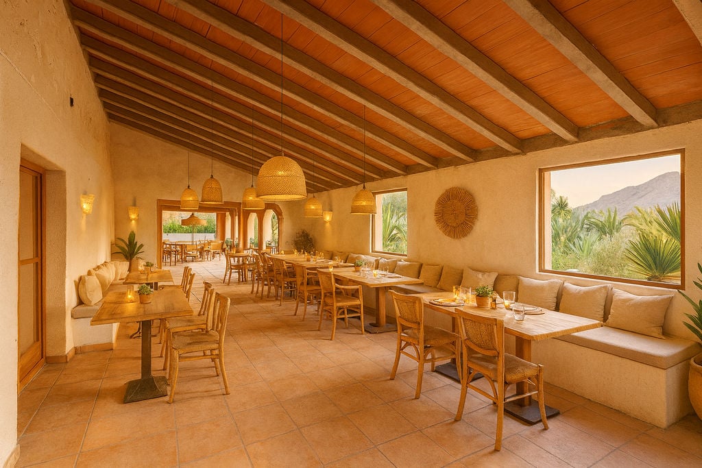 Espace de restauration avec poutres apparentes, mobilier en rotin et larges fenêtres cadrant la végétation méditerranéenne et la montagne.