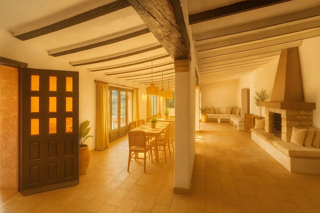Intérieur rustique avec poutres en bois apparentes, cheminée en pierre avec banquette intégrée et salle à manger dotée de chaises en osier.