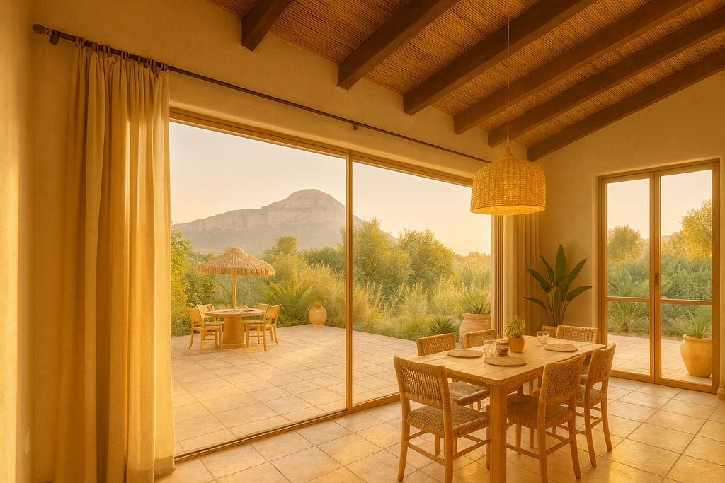 Salle à manger avec plafond en poutres de bois et canisses, offrant une vue panoramique sur le mont Montgó à travers de grandes baies vitrées.