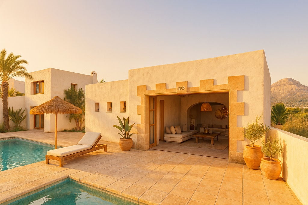 Terrasse avec piscine, carrelage en pierre naturelle et arche en pierre de Tosca s'ouvrant sur un salon extérieur avec vue sur le Montgó.