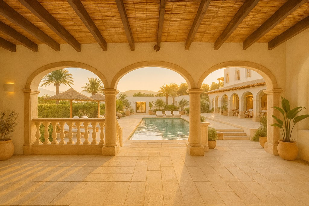Terrasse couverte avec arches en pierre et poutres en bois, offrant une vue sur la piscine et le jardin méditerranéen au coucher du soleil.