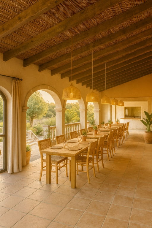 Terrasse couverte avec poutres en bois, plafond en canisse et tables à manger avec chaises en osier, bordée d'arches en pierre donnant sur le jardin méditerranéen.