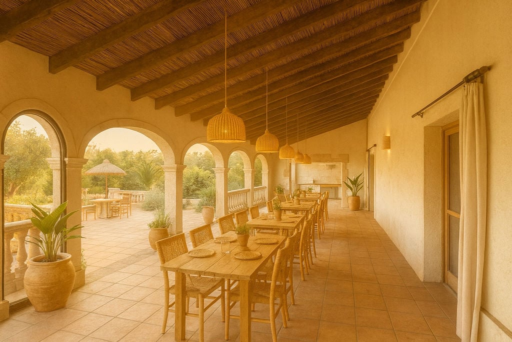 Terrasse couverte traditionnelle avec arches en pierre, poutres en bois et plafond en canisse. Mobilier en bois et osier sous un éclairage naturel chaleureux.