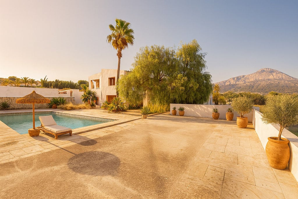 Terrasse en pierre naturelle avec piscine et végétation méditerranéenne, offrant une vue sur le Montgó et une architecture blanche avec pots en terre cuite.