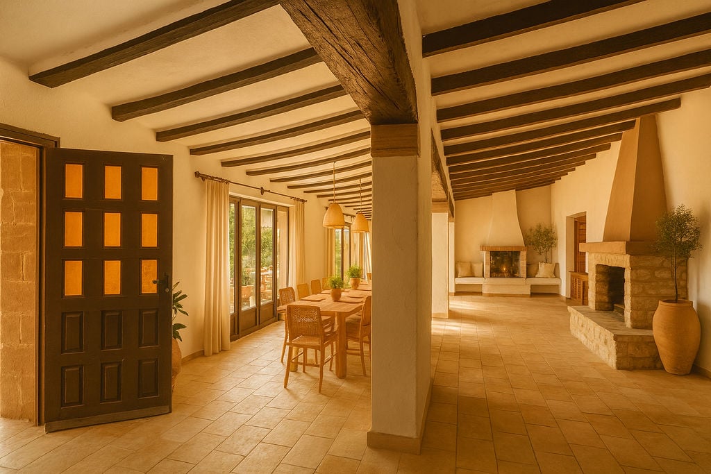 Vaste salon rustique avec poutres en bois apparentes, sol en terre cuite et deux cheminées en pierre naturelle intégrées dans un espace ouvert et lumineux.