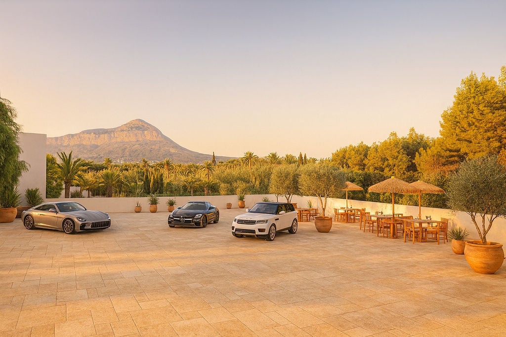 Vaste terrasse pavée offrant une vue sur le mont Montgó, avec un espace de restauration extérieur en bois et des parasols en paille au coucher du soleil.