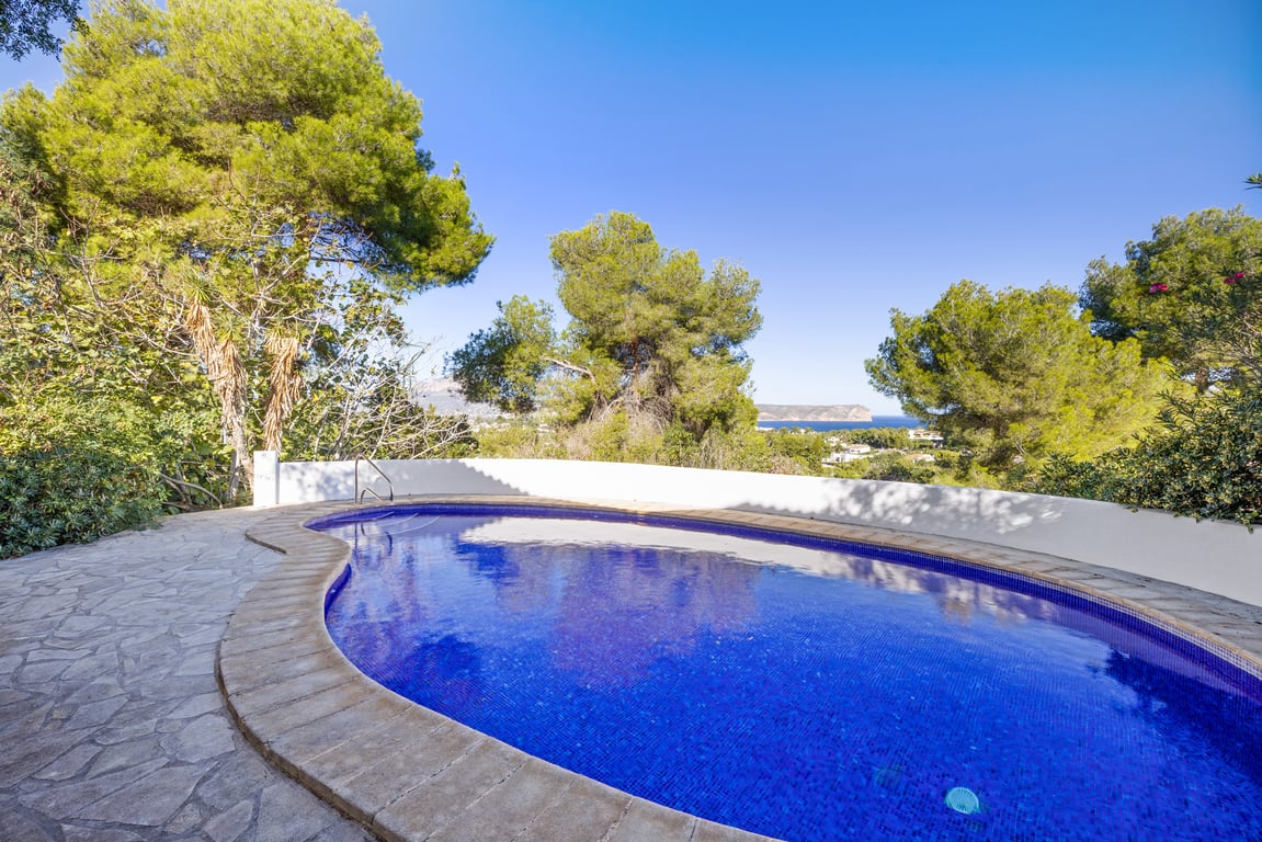 Piscine privée de forme libre avec mosaïque bleue, entourée d'une terrasse en pierre naturelle et de pins, offrant une vue dégagée sur la mer.