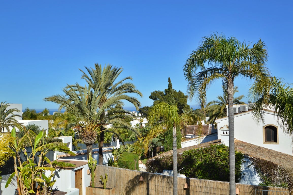Vue surélevée depuis le niveau supérieur sur le quartier résidentiel d'Adsubia, avec des palmiers matures et un aperçu de la mer Méditerranée à l'horizon.