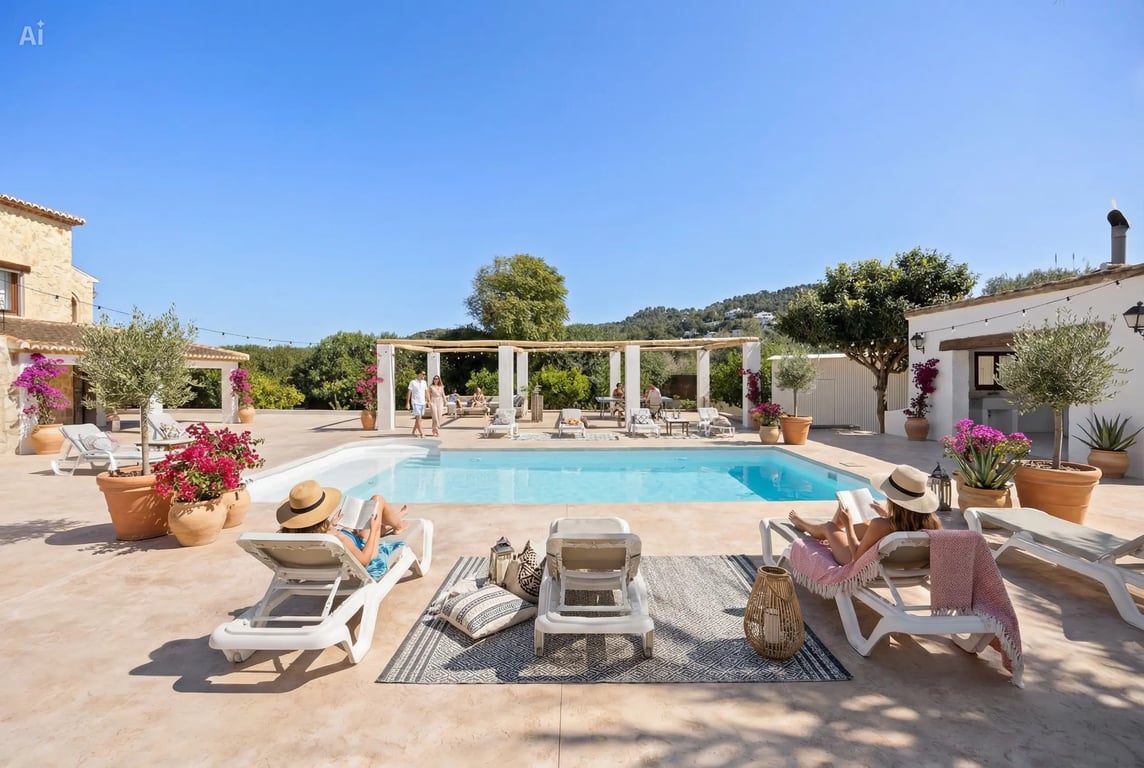 Grande piscine rénovée de 5x10 m entourée d'une vaste terrasse avec chaises longues, plantes méditerranéennes en pots et une pergola offrant une vue dégagée.