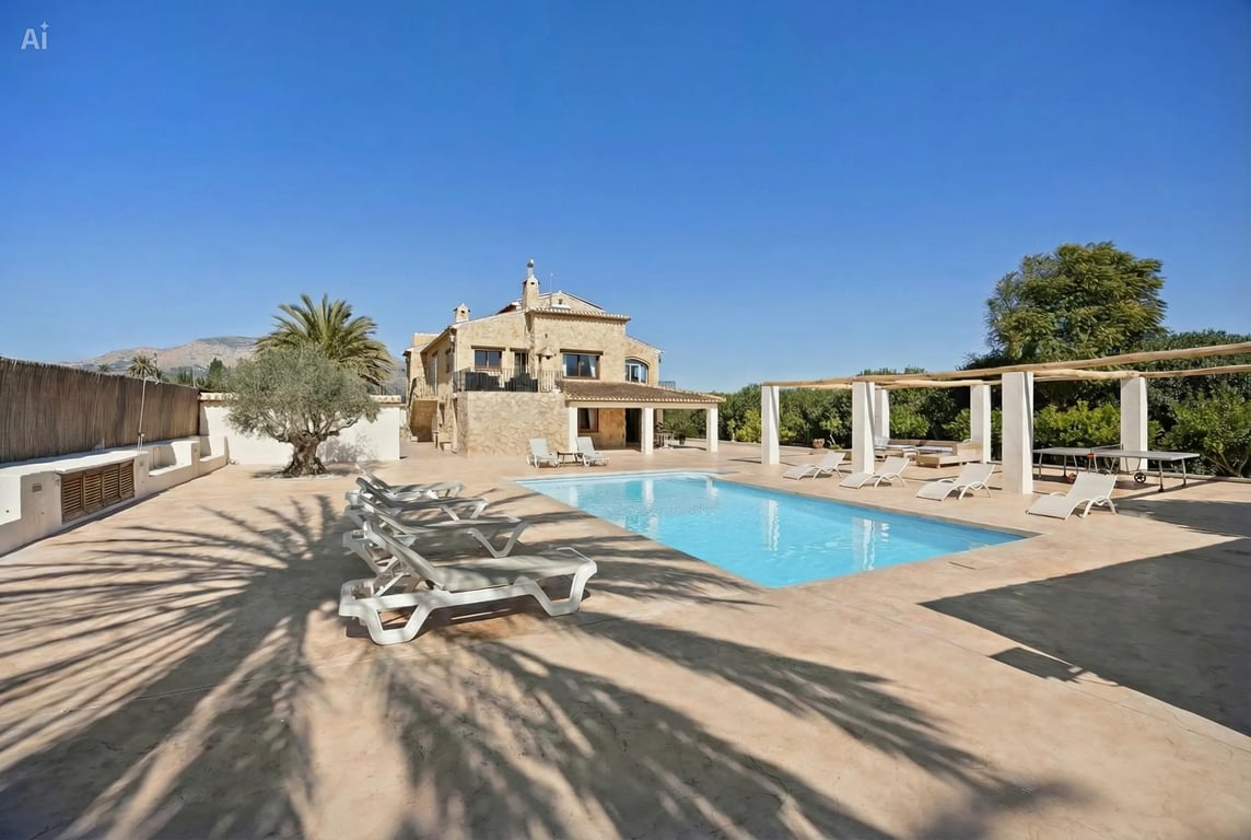 Piscine de 5x10 mètres entourée d'une vaste terrasse avec transats, pergola à piliers blancs et vue sur la façade en pierre de la villa.