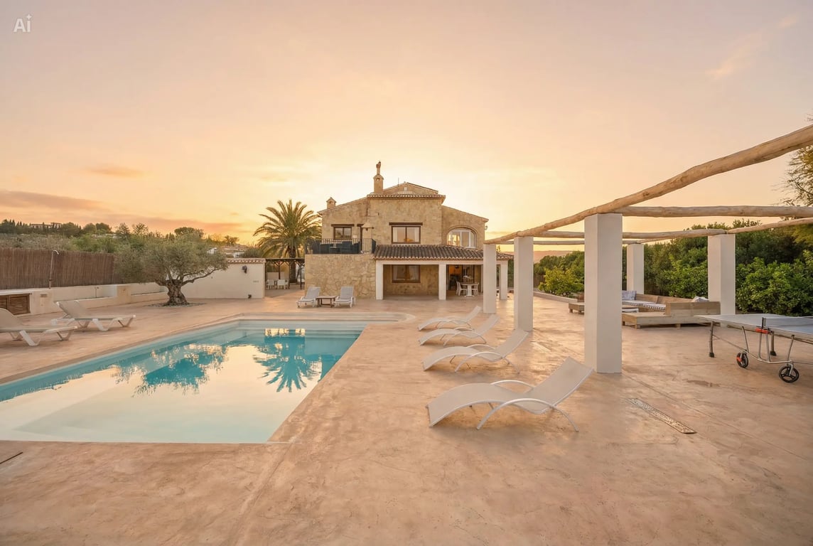 Vue extérieure de la villa au coucher du soleil, montrant la piscine de 5x10m, la vaste terrasse avec transats et la pergola aux poutres en bois devant la façade en pierre.