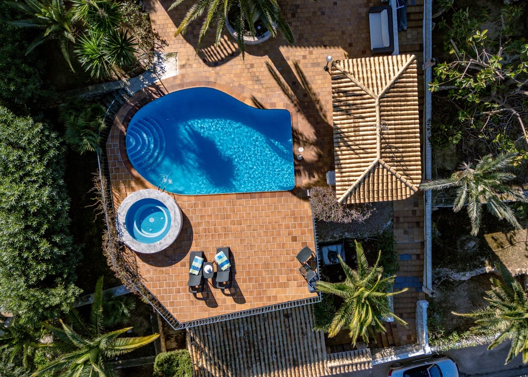 Vue aérienne de l'espace extérieur comprenant une piscine de forme libre, un jacuzzi circulaire et une terrasse en terre cuite bordée de palmiers et de végétation.