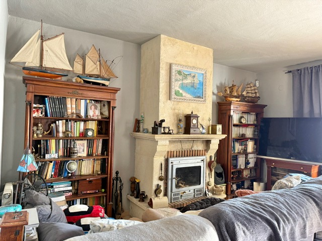Salon traditionnel avec cheminée en pierre et insert, encadré par des bibliothèques en bois classique ornées de maquettes de bateaux et d'une collection de livres.