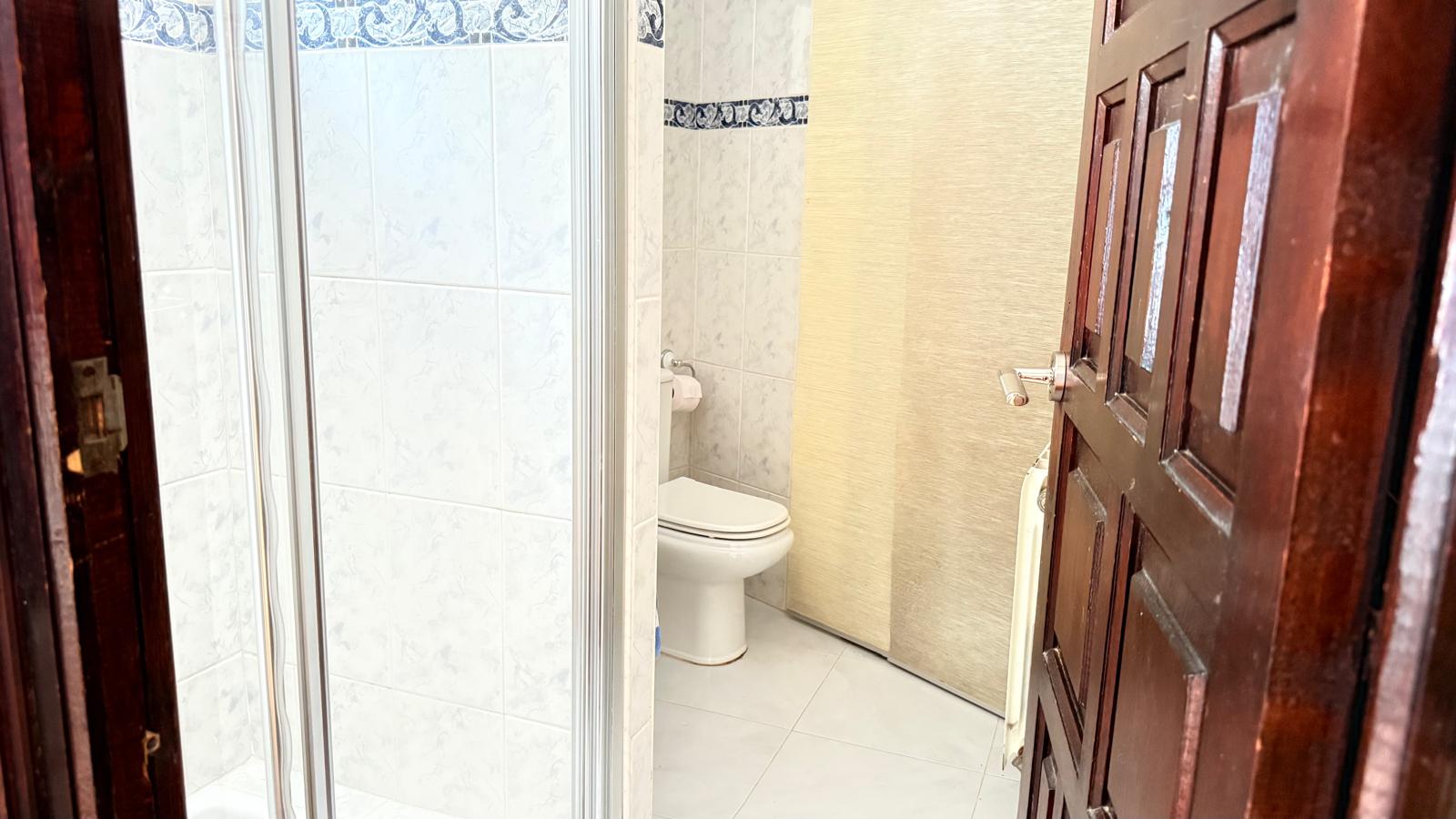 Salle de bains avec carrelage blanc et frise décorative bleue, comprenant un WC blanc et une douche vitrée, vue depuis une porte en bois sombre.