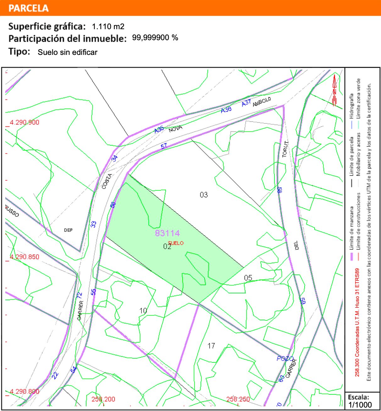 Plan cadastral détaillé du terrain de 1 110 m² à Costa Nova, Jávea, indiquant les limites précises, le périmètre et les accès routiers environnants.