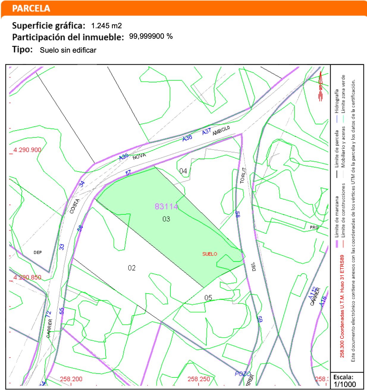 Plan cadastral détaillé du terrain de 1 245 m2 à Costa Nova, Jávea, indiquant les limites, les accès routiers et la topographie pour la construction.