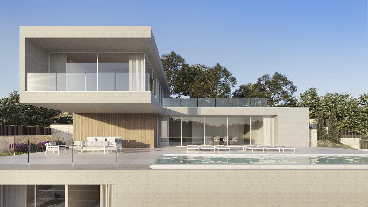 Architecture moderne avec structure en porte-à-faux, piscine à débordement et vaste terrasse en pierre claire bordée de baies vitrées toute hauteur.