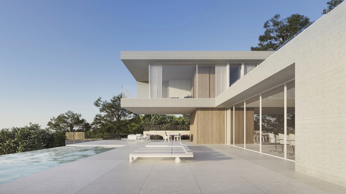 Extérieur de villa moderne avec piscine à débordement, terrasse en grès et porte-à-faux architecturaux. Les grandes baies vitrées et les panneaux en bois soulignent le design épuré.