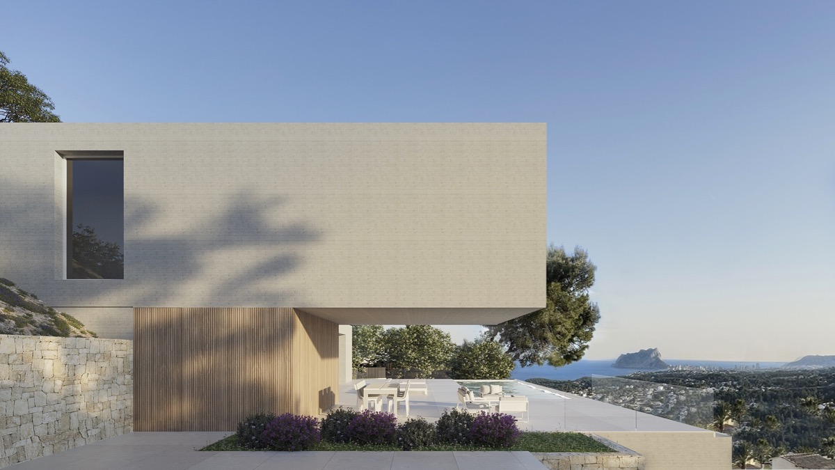 Façade minimaliste avec porte-à-faux architectural, accents en bois et terrasse avec piscine. Vue imprenable sur la mer et le Peñón de Ifach.