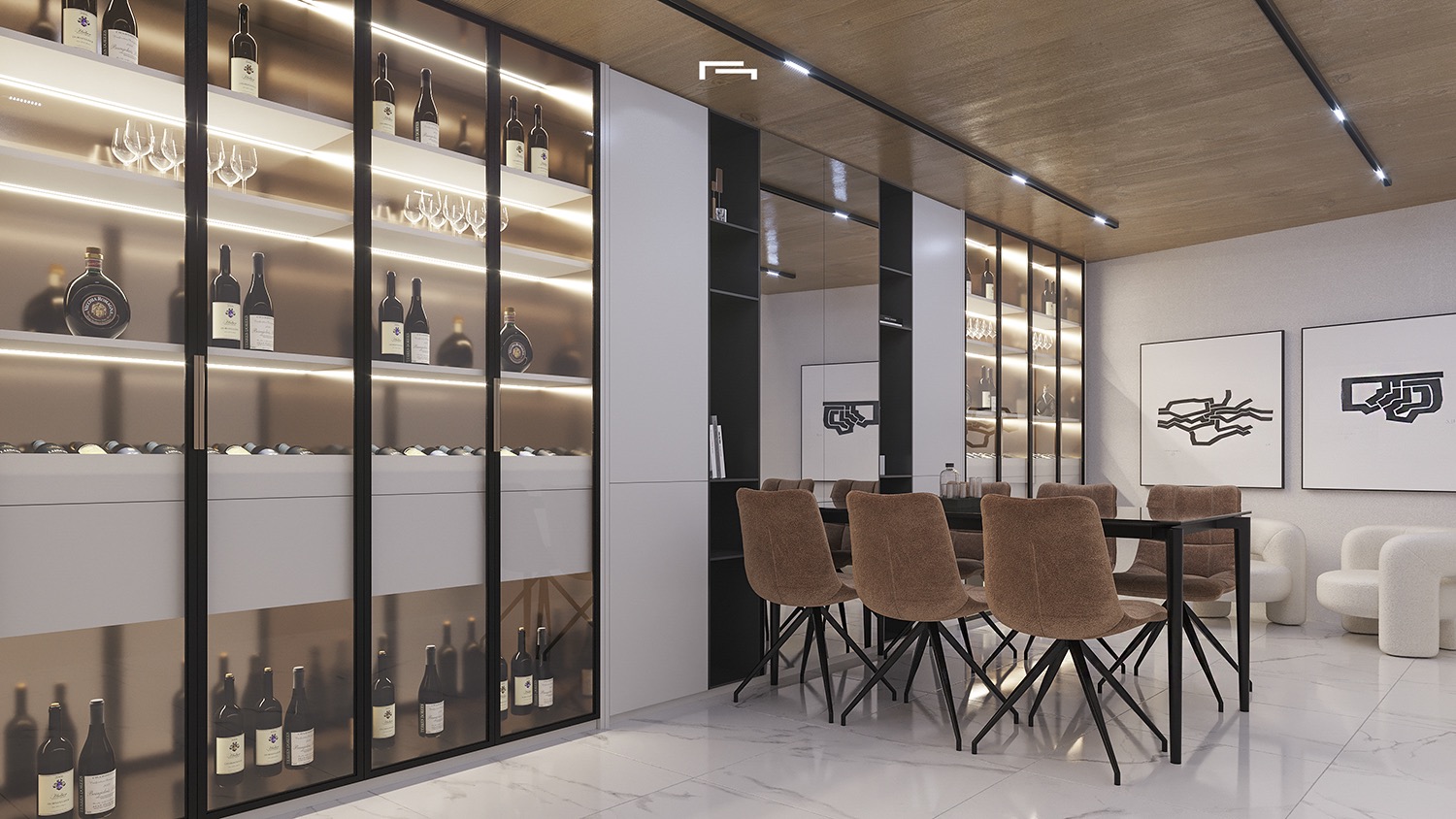 Cave à vin moderne avec vitrines rétroéclairées, table de dégustation et sol en marbre. Le plafond en bois et l'éclairage sur rails créent une ambiance raffinée.